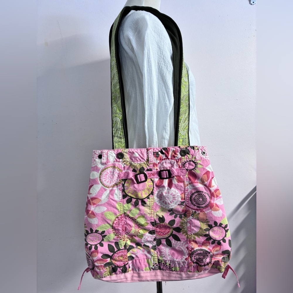 Handmade Upcycled Cotton Tote, Shoulder Bag, Salmon Pink/Green, Floral - Picture 2 of 7